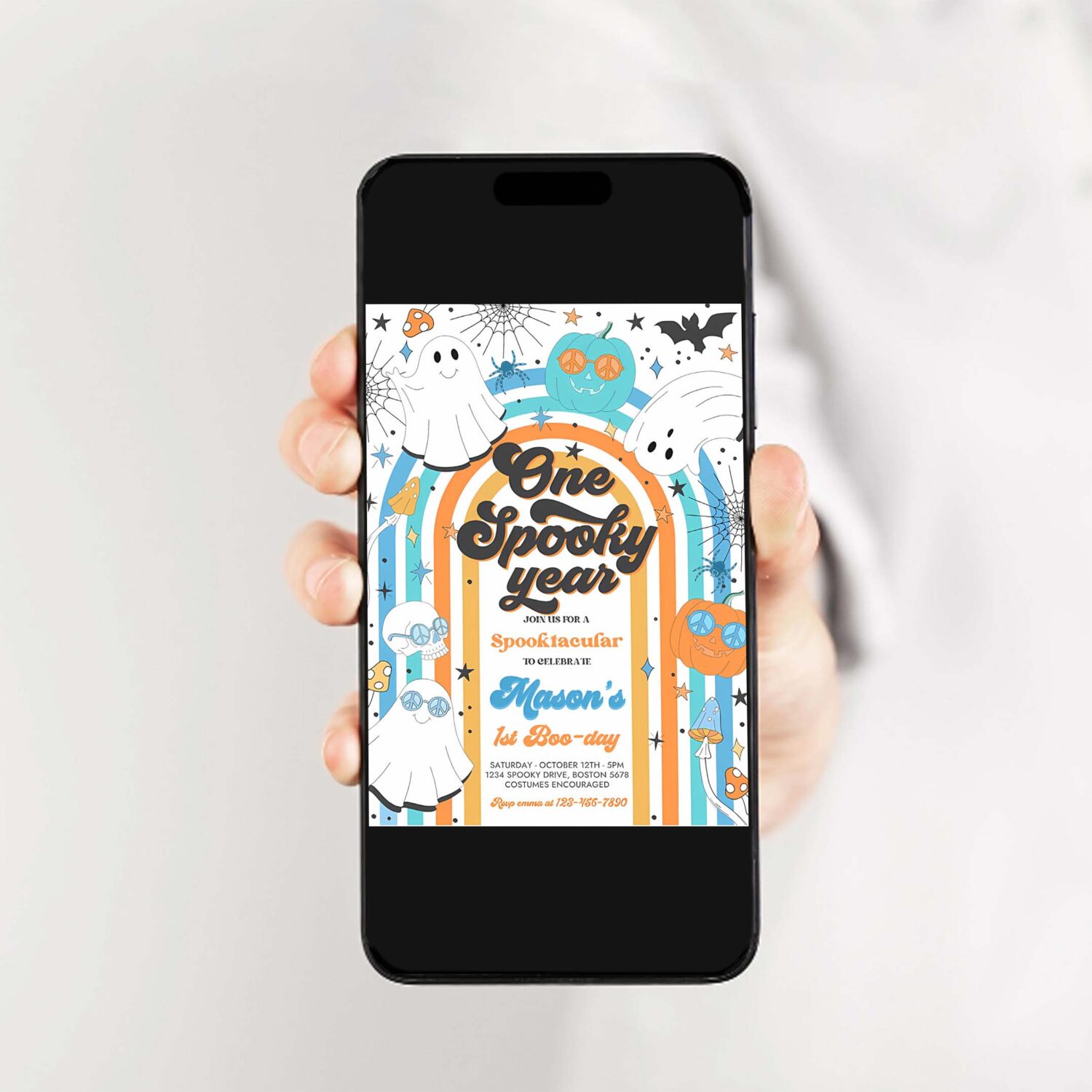 Editable one spooky year halloween ghost 1st birthday invitation retro groovy rainbow ghost birthday hippie halloween instant download vh 2