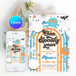 One Spooky Invitation, One Spooky Year Halloween Ghost 1st Birthday Invitation Retro Groovy Rainbow Ghost Birthday Hippie Halloween