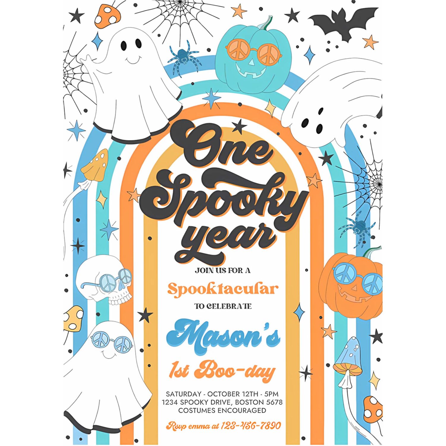 Editable one spooky year halloween ghost 1st birthday invitation retro groovy rainbow ghost birthday hippie halloween instant download vh 4