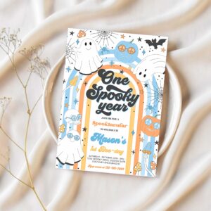 Editable one spooky year halloween ghost 1st birthday invitation retro groovy rainbow ghost birthday hippie halloween instant download vn 1