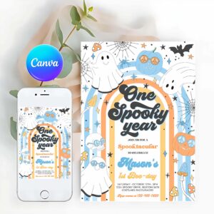 One Spooky Invitation, One Spooky Year Halloween Ghost 1st Birthday Invitation Retro Groovy Rainbow Ghost Birthday Hippie Halloween
