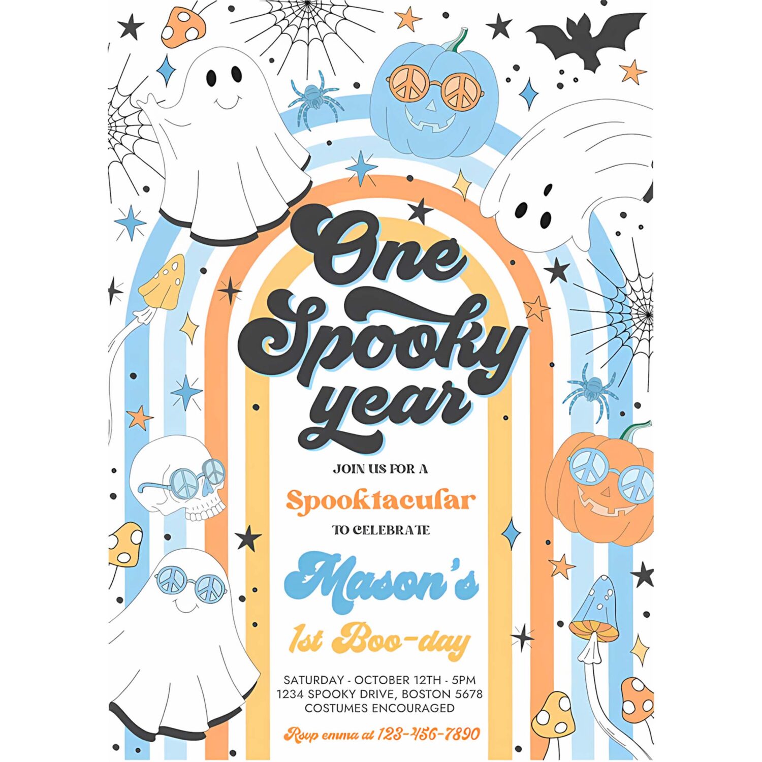 Editable one spooky year halloween ghost 1st birthday invitation retro groovy rainbow ghost birthday hippie halloween instant download vn 4