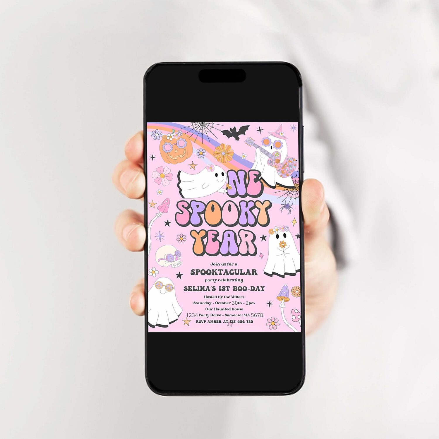 Editable one spooky year halloween ghost 1st birthday invitation retro groovy rainbow ghost birthday hippie halloween instant download vu 2