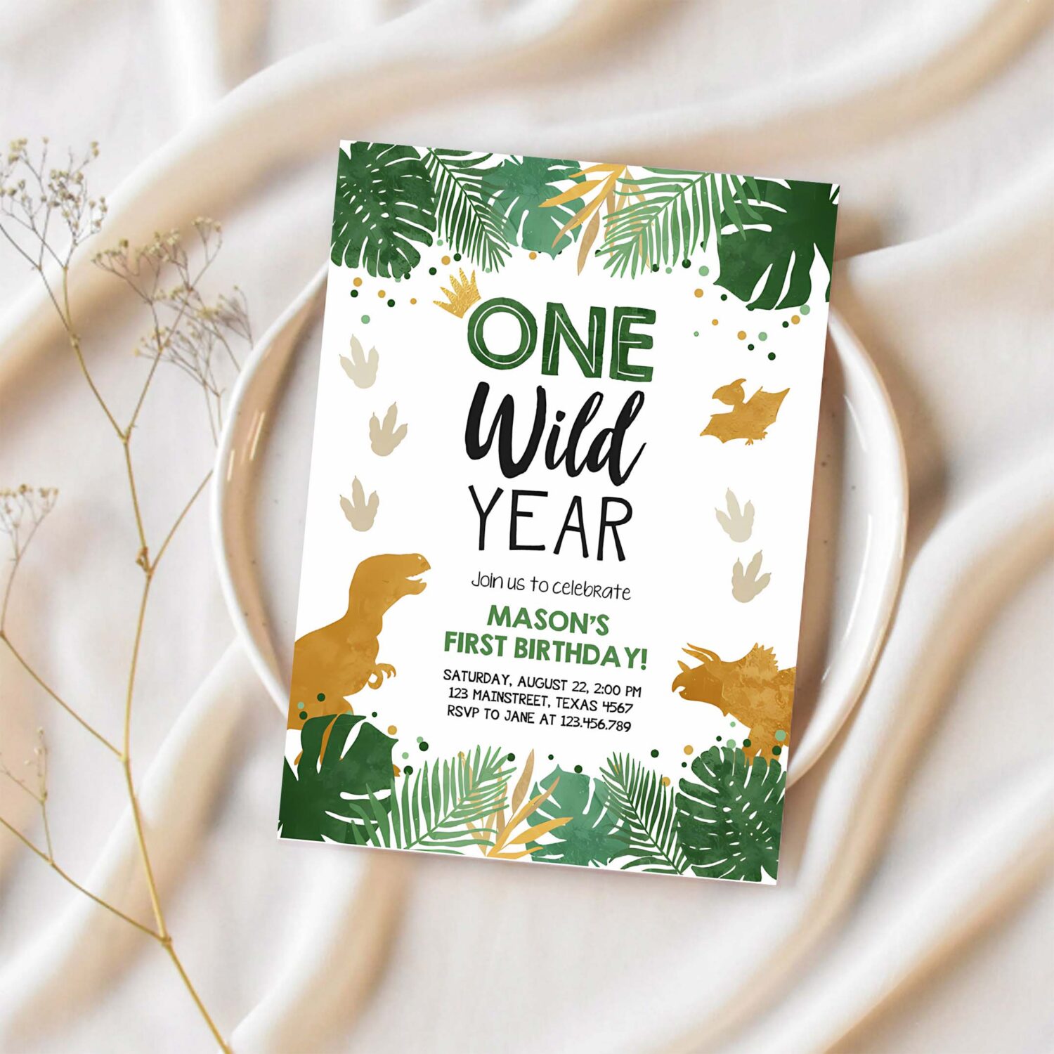 Editable one wild year birthday invitation gold dinosaur dino party boy first birthday 1st wild one party corjl template printable 0146 1