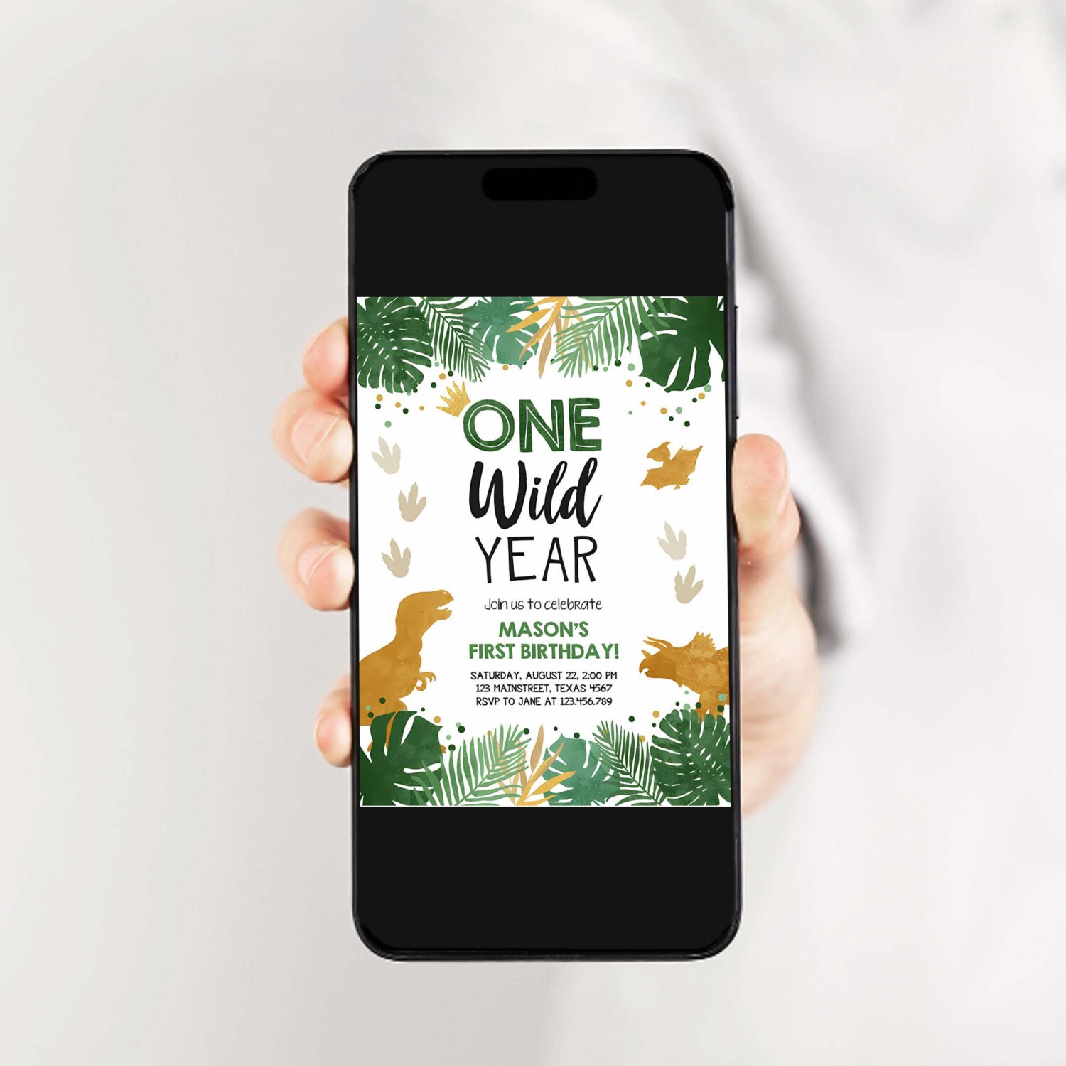 Editable one wild year birthday invitation gold dinosaur dino party boy first birthday 1st wild one party corjl template printable 0146 2