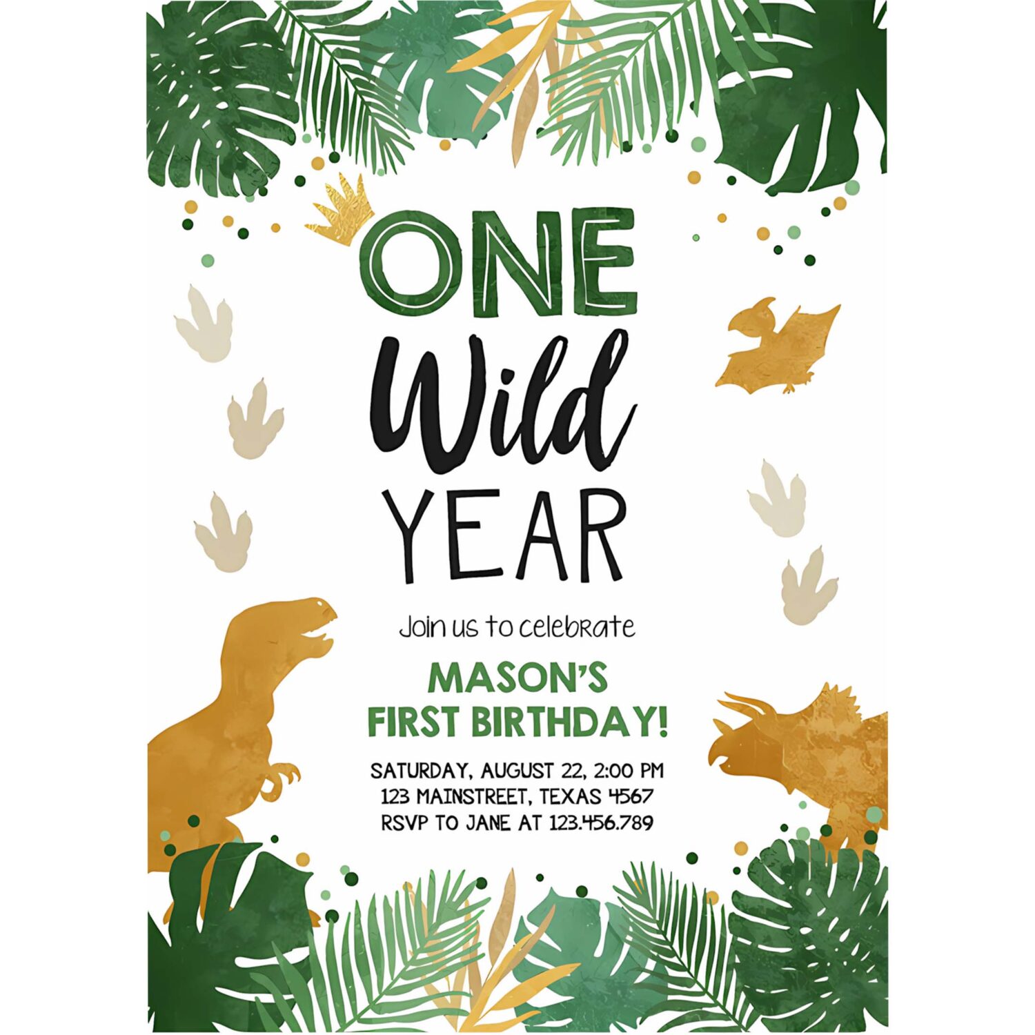 Editable one wild year birthday invitation gold dinosaur dino party boy first birthday 1st wild one party corjl template printable 0146 4