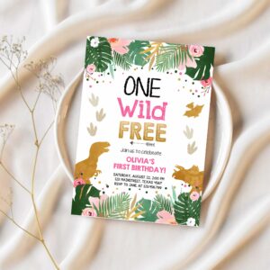 Editable one wild and free dinosaur birthday invitation dinosaur party girl pink gold first birthday 1st corjl template digital 0146 1