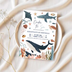 Editable oneder the sea 1st birthday party invitation under the sea 1st birthday whale shark sea life party 1