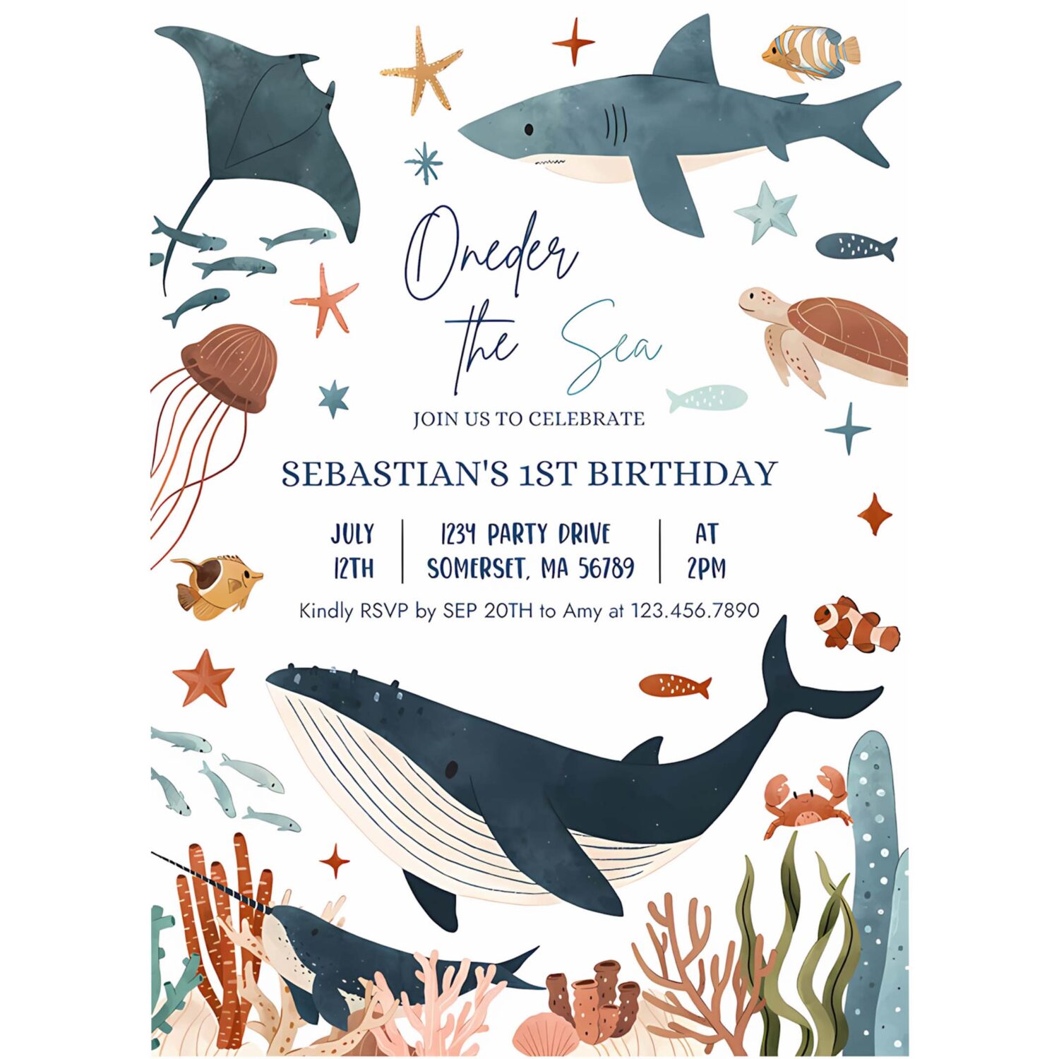 Editable oneder the sea 1st birthday party invitation under the sea 1st birthday whale shark sea life party 4