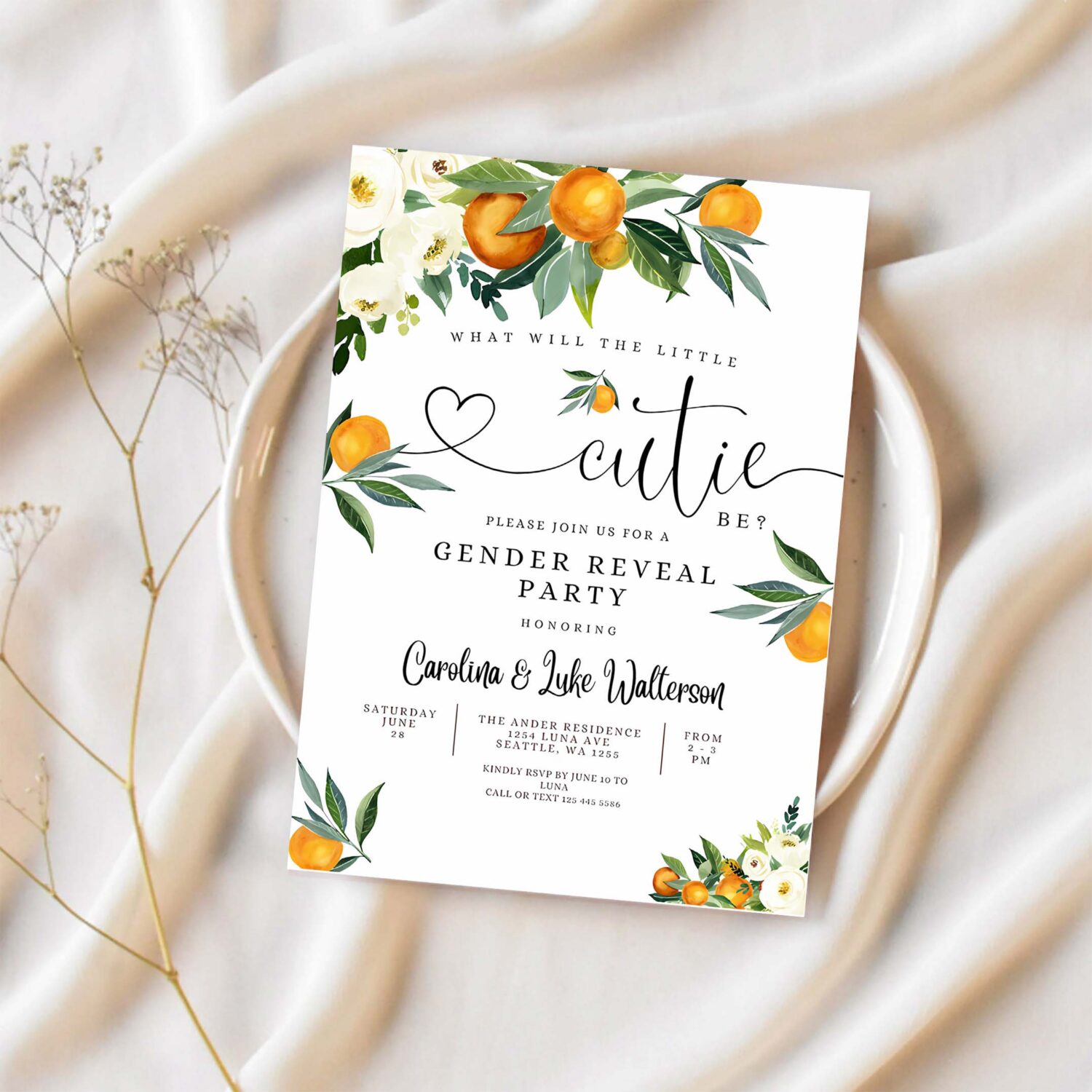 Editable orange gender reveal party invitation a little cutie is on the way citrus gender reveal invites template 1