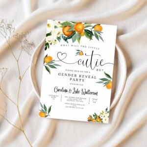 Editable orange gender reveal party invitation a little cutie is on the way citrus gender reveal invites template 1