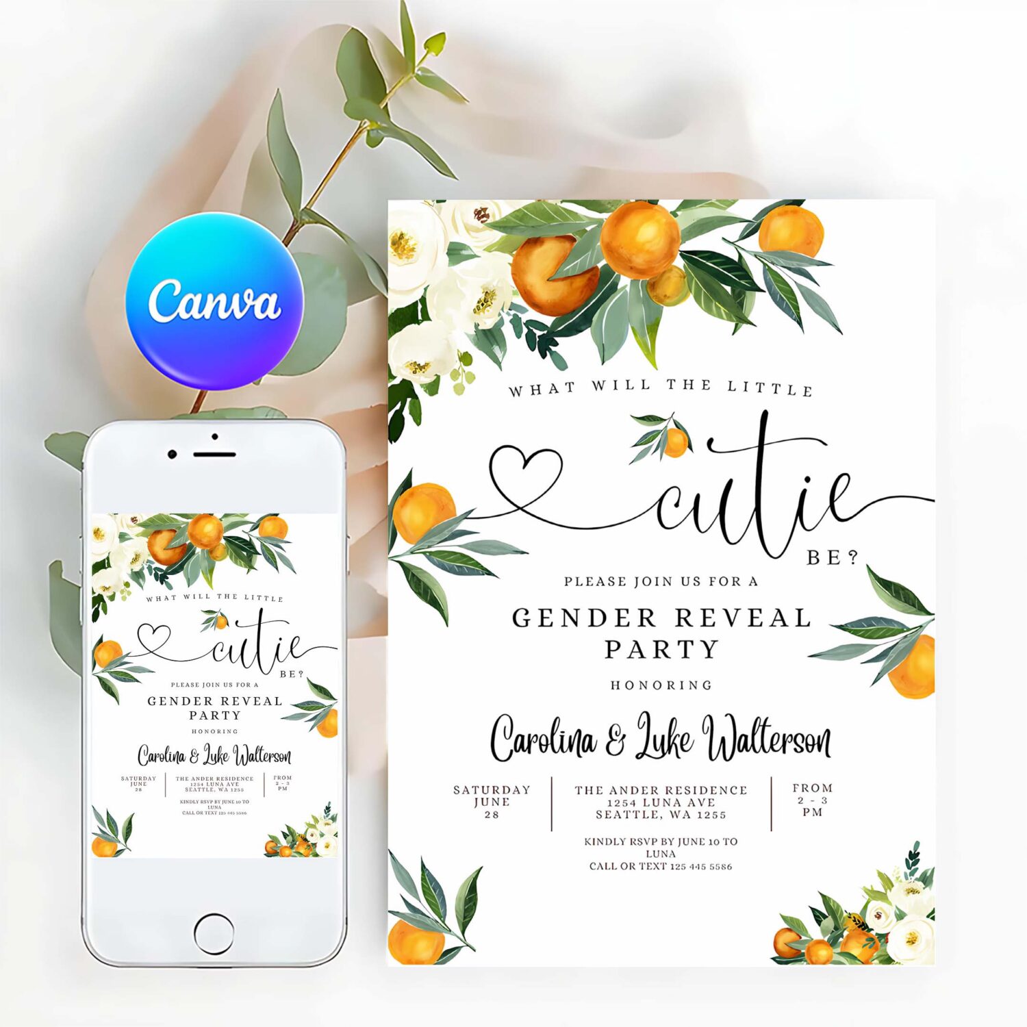 Editable orange gender reveal party invitation a little cutie is on the way citrus gender reveal invites template