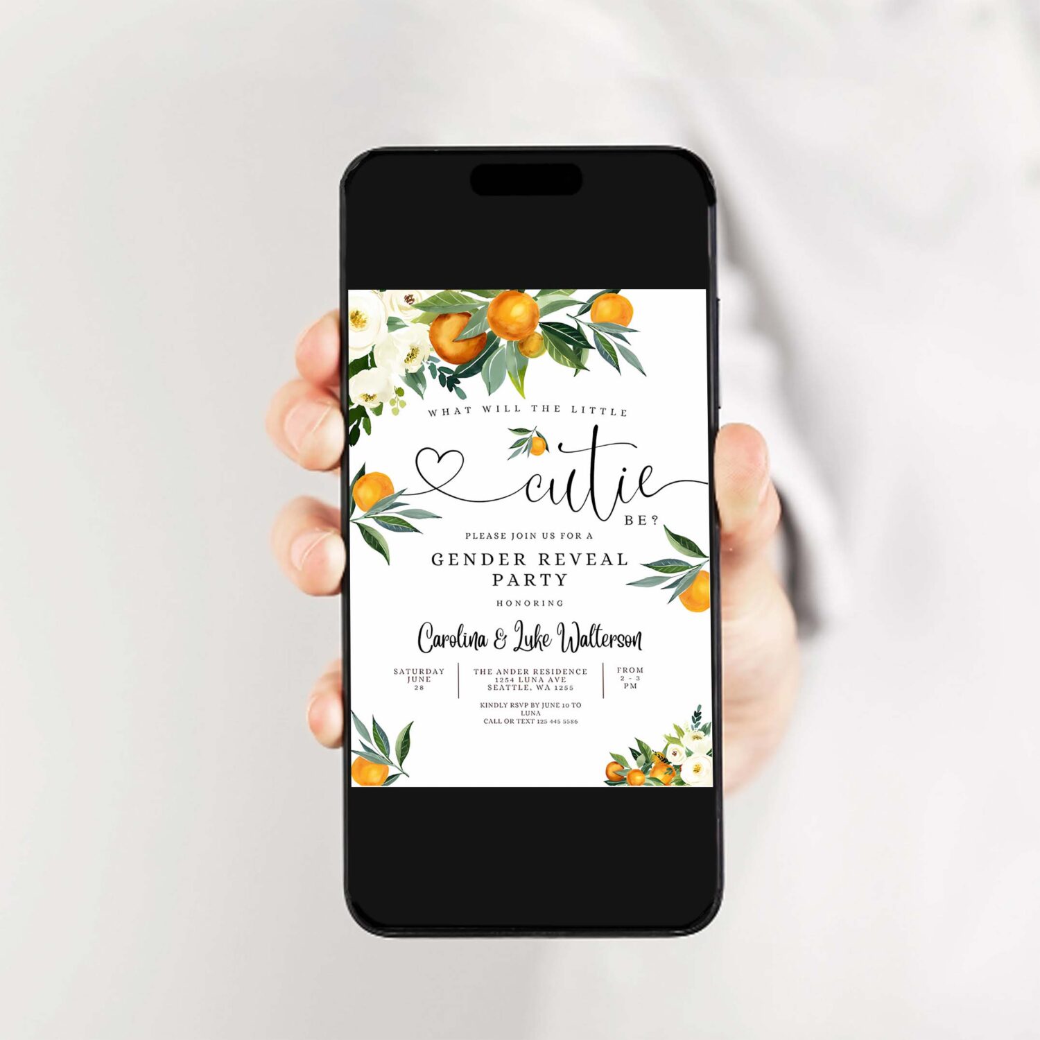 Editable orange gender reveal party invitation a little cutie is on the way citrus gender reveal invites template 2