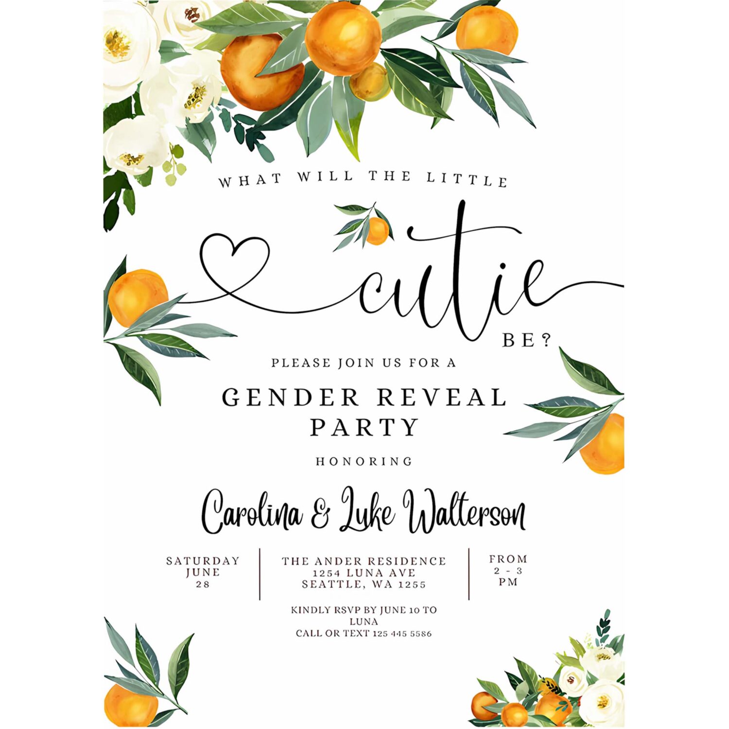 Editable orange gender reveal party invitation a little cutie is on the way citrus gender reveal invites template 4