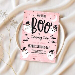 Editable our little boo birthday invitation little boo turning two halloween peach ghost birthday cute ghost party instant download sg 1