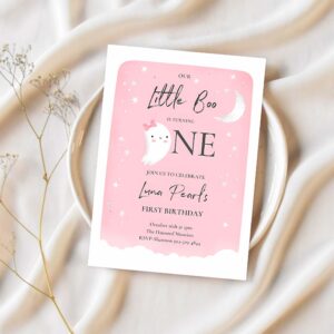 Editable our little boo birthday party invitation halloween 1st birthday pink cute ghost halloween little boo party instant download b8 1