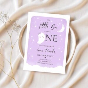 Editable our little boo birthday party invitation halloween 1st birthday purple cute ghost halloween little boo party instant download b1 1