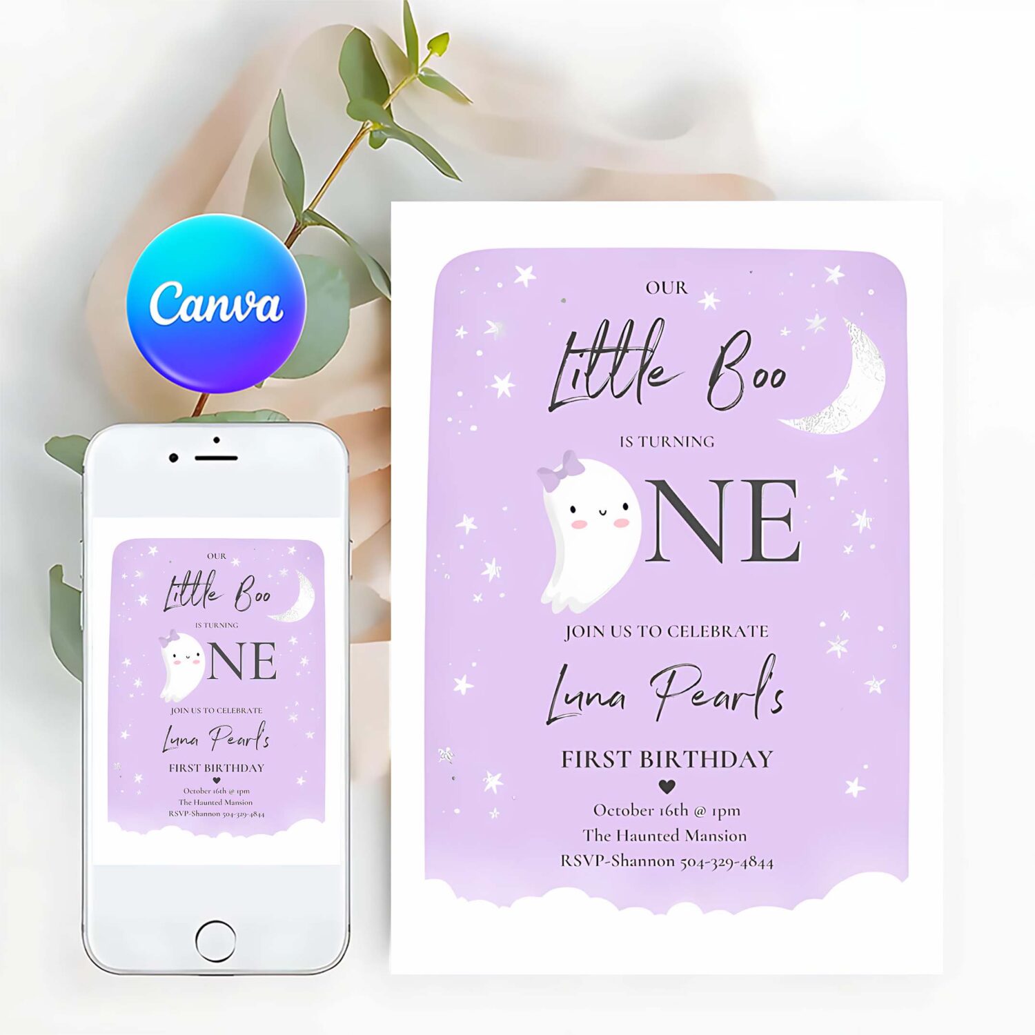 Editable our little boo birthday party invitation halloween 1st birthday purple cute ghost halloween little boo party instant download b1