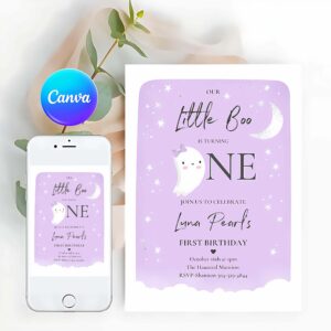 Little Boo Invitation, Our Little Boo Birthday Party Invitation Halloween 1st Birthday Purple Cute Ghost Halloween Little Boo Party