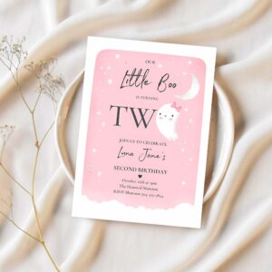 Editable our little boo birthday party invitation halloween 2nd birthday pink cute ghost halloween little boo party instant download b8 1