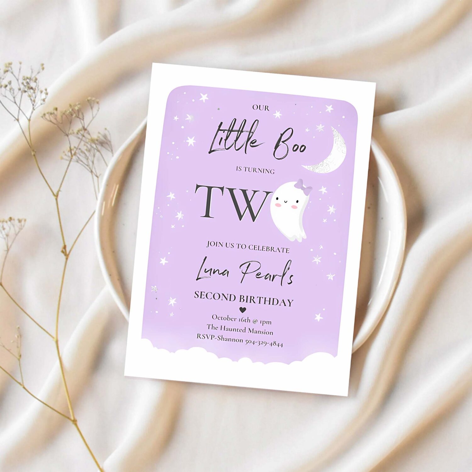 Editable our little boo birthday party invitation halloween 2nd birthday purple cute ghost halloween little boo party instant download b1 1