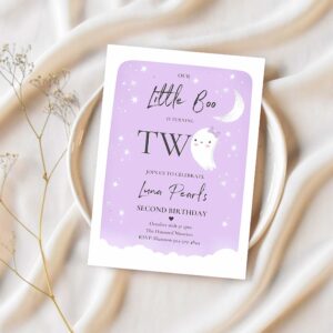 Editable our little boo birthday party invitation halloween 2nd birthday purple cute ghost halloween little boo party instant download b1 1