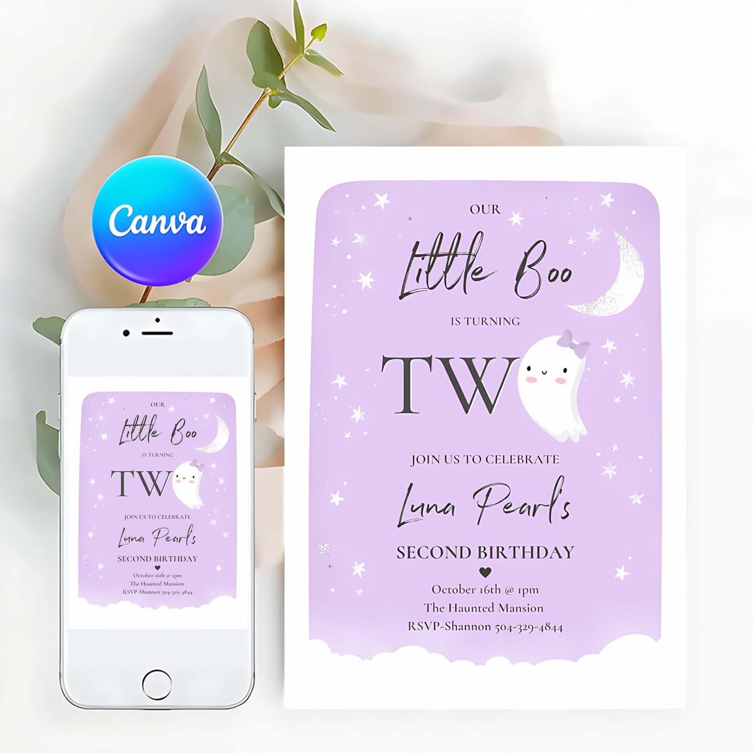 Editable our little boo birthday party invitation halloween 2nd birthday purple cute ghost halloween little boo party instant download b1