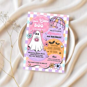 Editable our little boo is turning two halloween ghost 2nd birthday party invitation retro groovy ghost halloween party instant download tx4 1