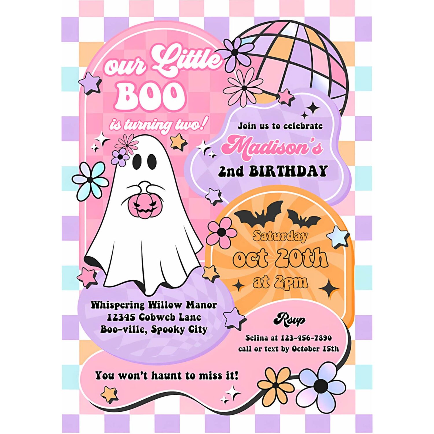 Editable our little boo is turning two halloween ghost 2nd birthday party invitation retro groovy ghost halloween party instant download tx4 4