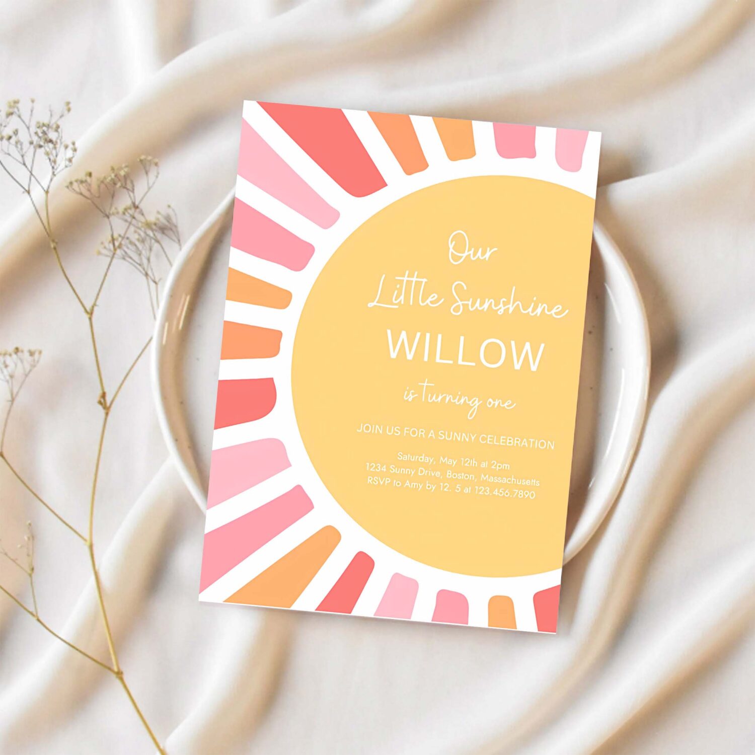 Editable our little sunshine 1st birthday invitation girl boho sunshine birthday 1st trip around the sun birthday party 1