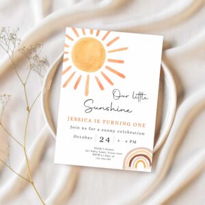 Editable our little sunshine birthday invitation 1st you are my sunshine party neutral boho download printable template 1