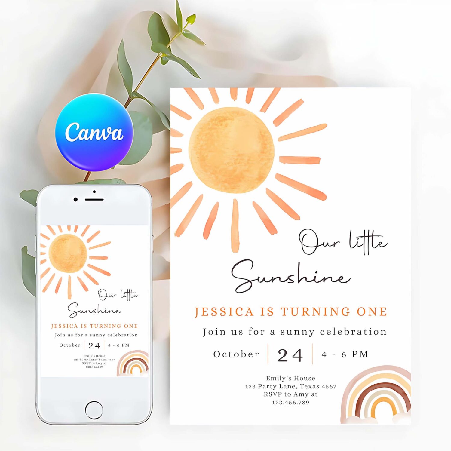 Editable our little sunshine birthday invitation 1st you are my sunshine party neutral boho download printable template