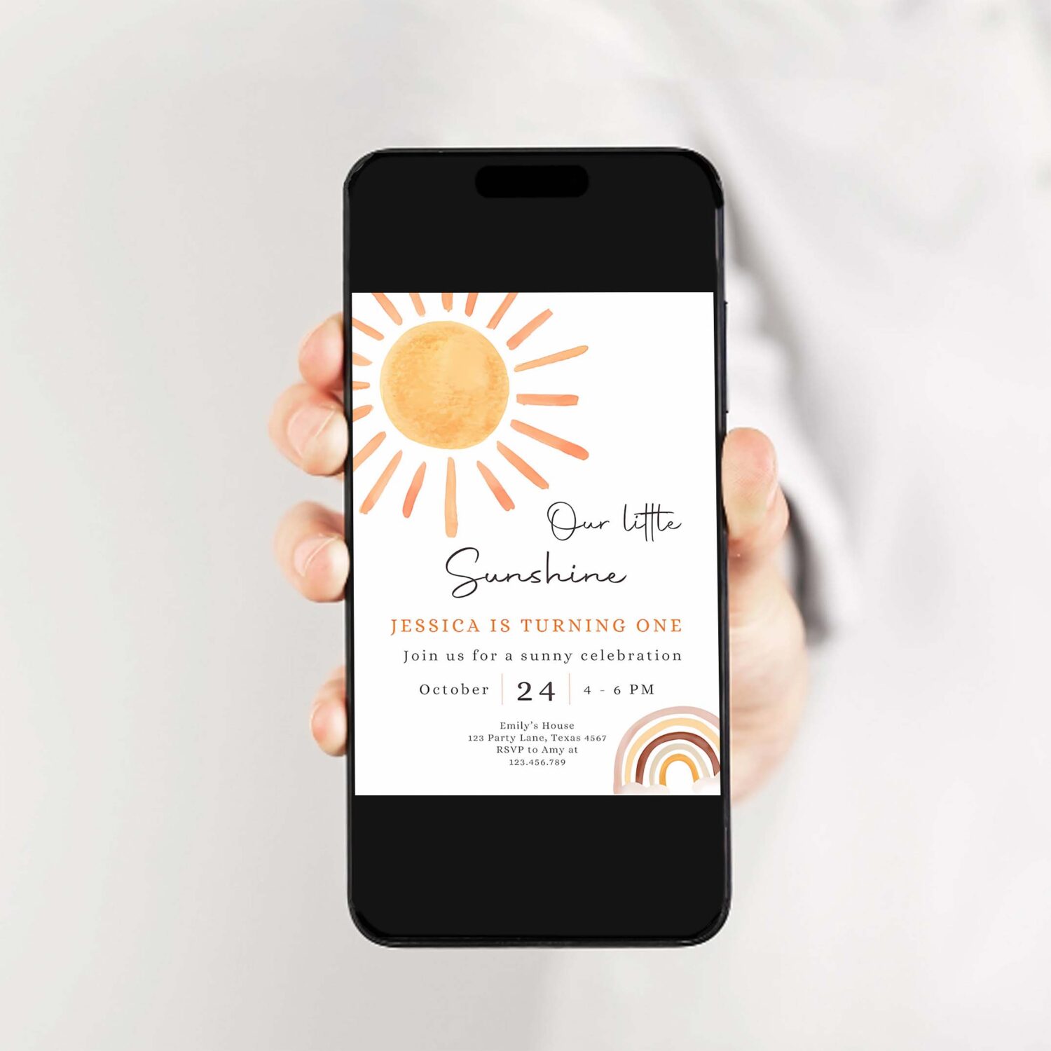 Editable our little sunshine birthday invitation 1st you are my sunshine party neutral boho download printable template 2