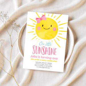 Editable our little sunshine birthday invitation you are my sunshine first birthday 1st party pink girl bow party 1
