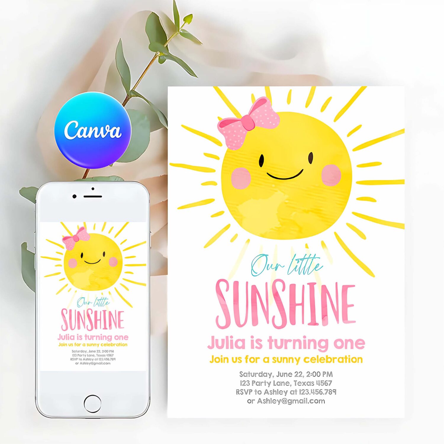 Editable our little sunshine birthday invitation you are my sunshine first birthday 1st party pink girl bow party