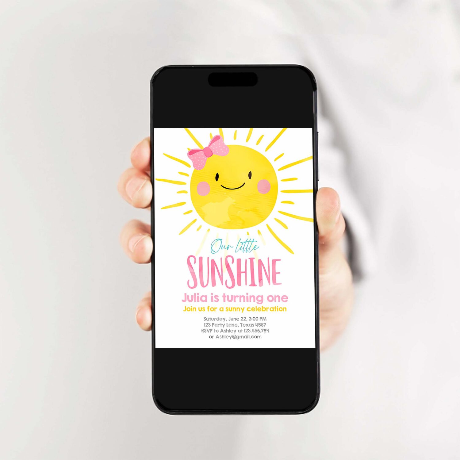 Editable our little sunshine birthday invitation you are my sunshine first birthday 1st party pink girl bow party 2