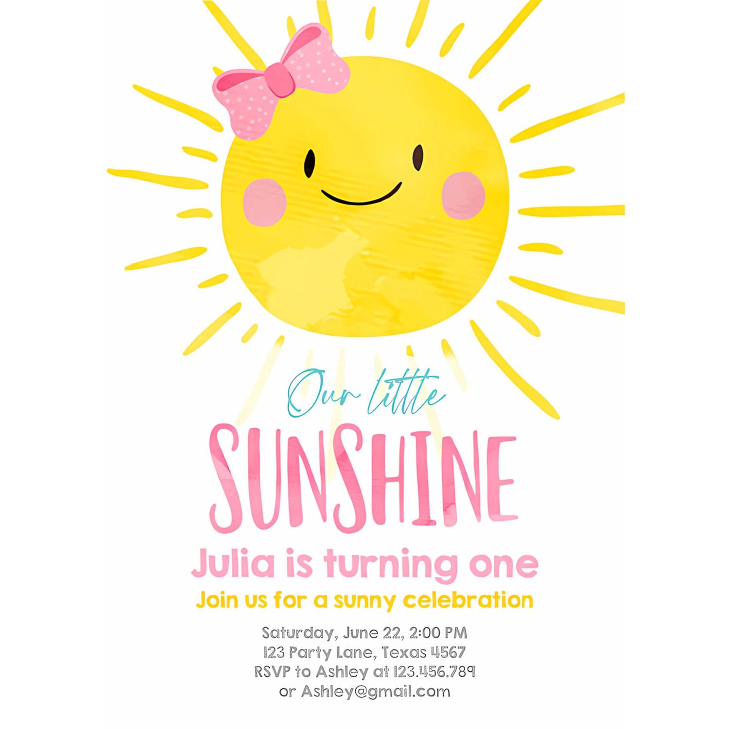 Editable our little sunshine birthday invitation you are my sunshine first birthday 1st party pink girl bow party 4