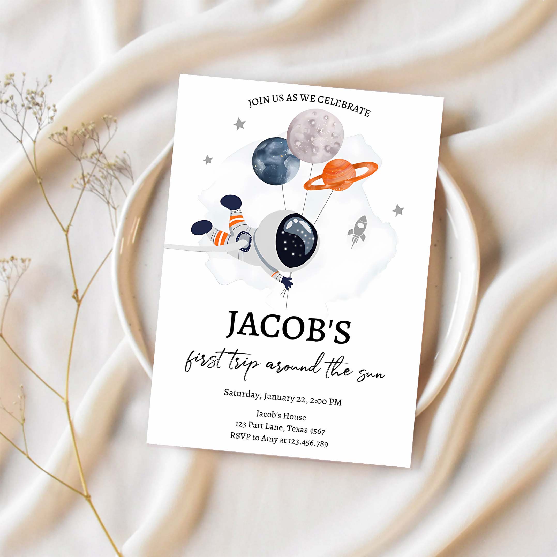 Editable Out of This World Birthday Invitation Outer Space Planets Rocket Ship Galaxy Astronaut Orange Boy Corjl Template Printable 0366