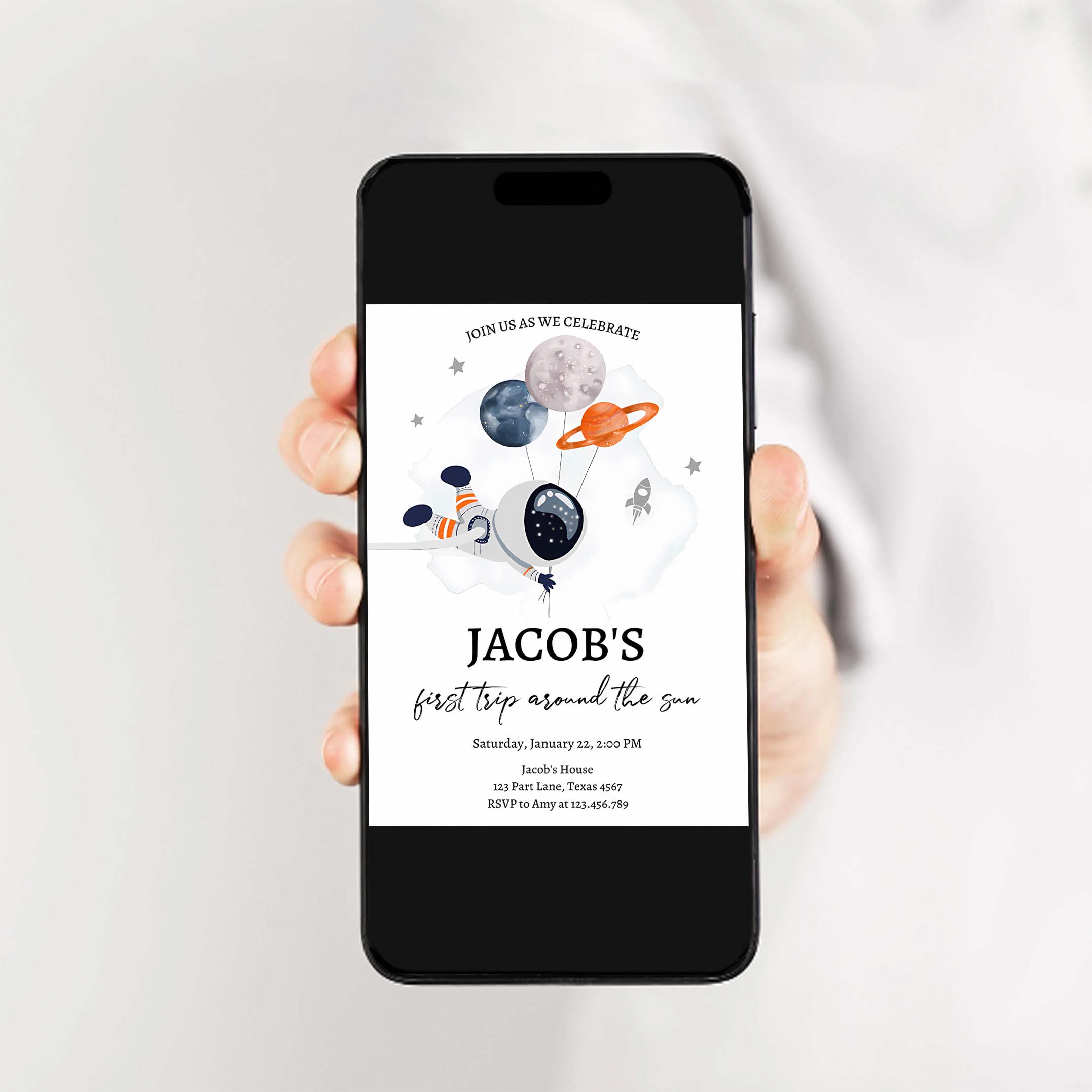 Editable Out of This World Birthday Invitation Outer Space Planets Rocket Ship Galaxy Astronaut Orange Boy Corjl Template Printable 0366