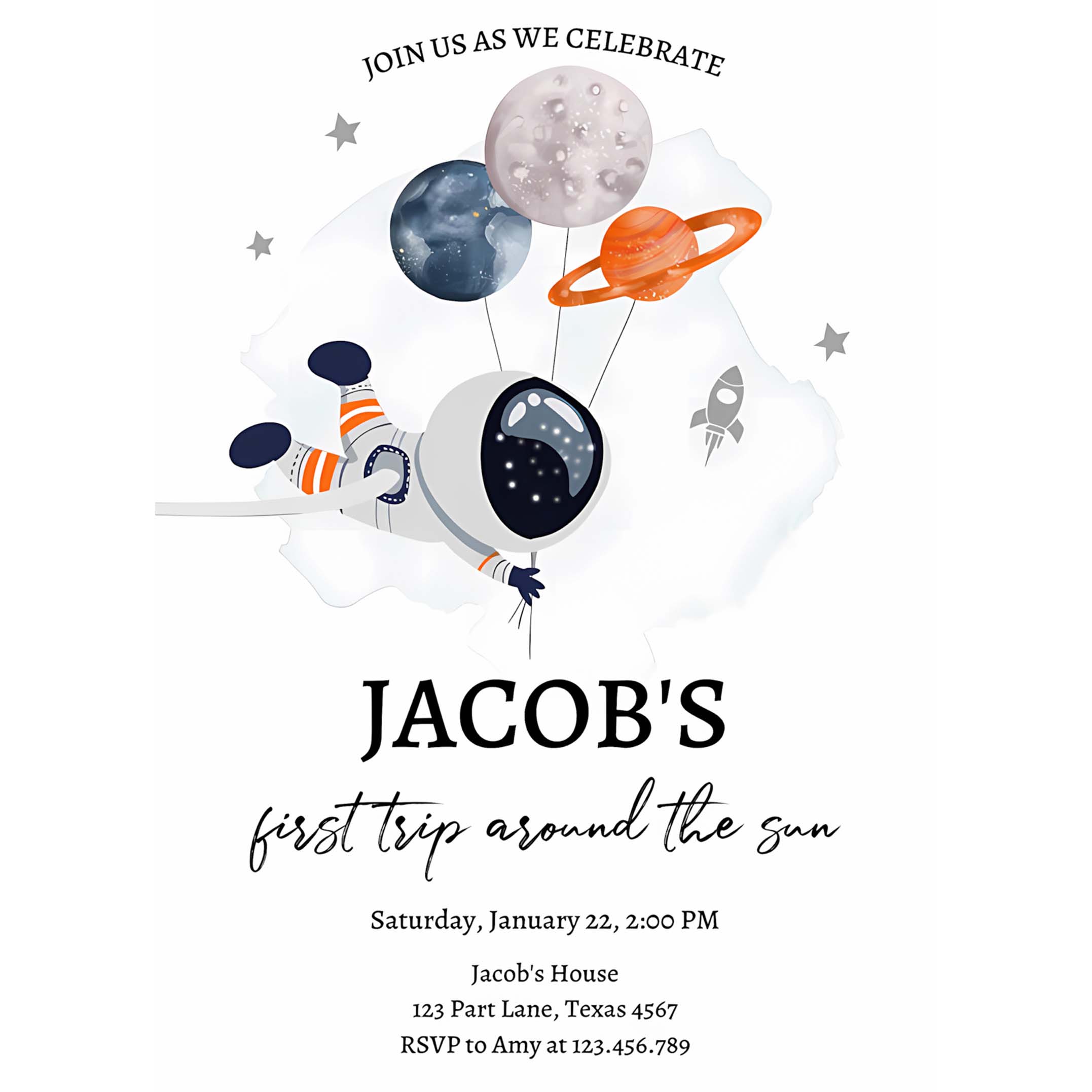 Editable Out of This World Birthday Invitation Outer Space Planets Rocket Ship Galaxy Astronaut Orange Boy Corjl Template Printable 0366