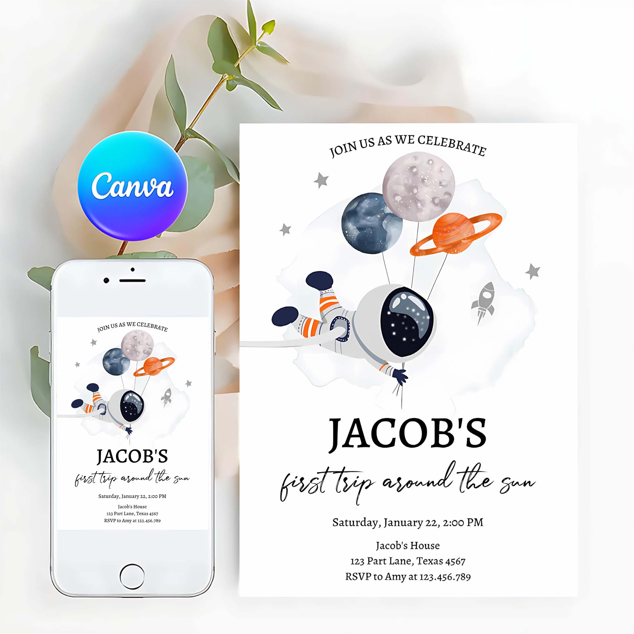 Editable Out of This World Birthday Invitation Outer Space Planets Rocket Ship Galaxy Astronaut Orange Boy Corjl Template Printable
