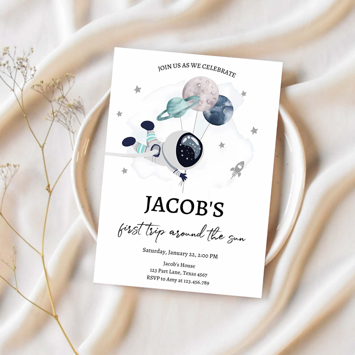 Editable out of this world birthday invitation outer space planets rocket ship galaxy astronaut silver boy corjl template printable 0366 1