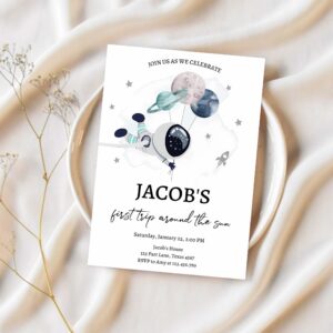Editable out of this world birthday invitation outer space planets rocket ship galaxy astronaut silver boy corjl template printable 0366 1