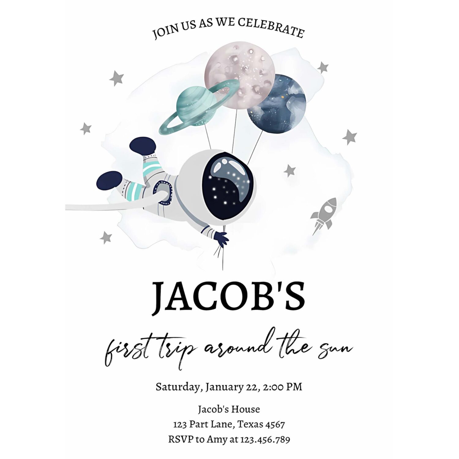 Editable out of this world birthday invitation outer space planets rocket ship galaxy astronaut silver boy corjl template printable 0366 4
