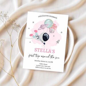 Editable outer space birthday invitation girl out of this world astronaut trip around the sun download printable template digital corjl 0366 1