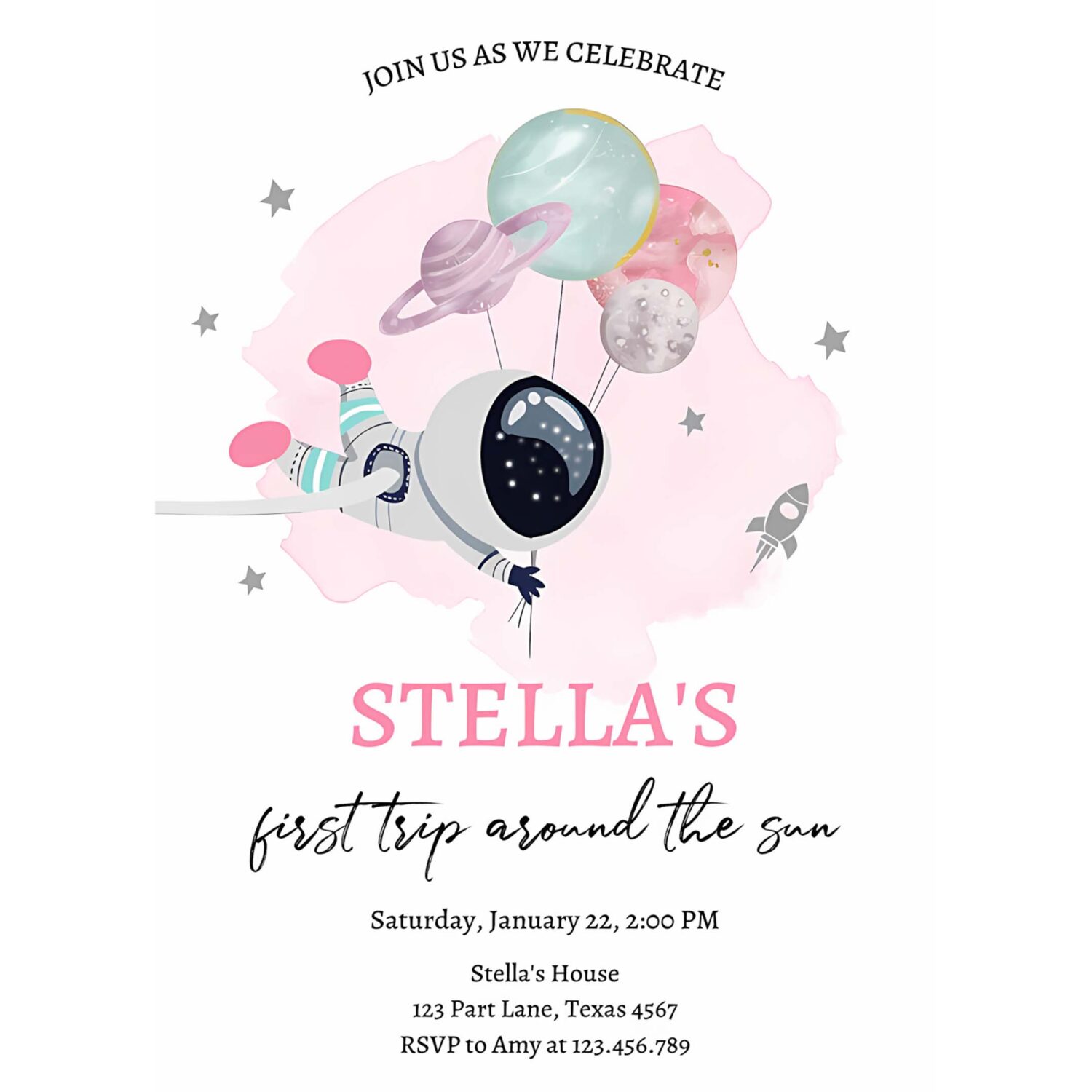Editable outer space birthday invitation girl out of this world astronaut trip around the sun download printable template digital corjl 0366 4