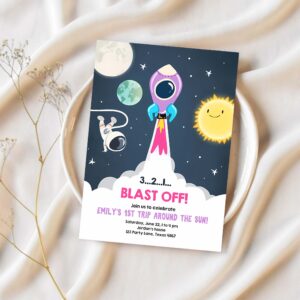 Editable outer space birthday invitation girl rocket astronaut space ship blast off download printable template digital corjl 0046 1