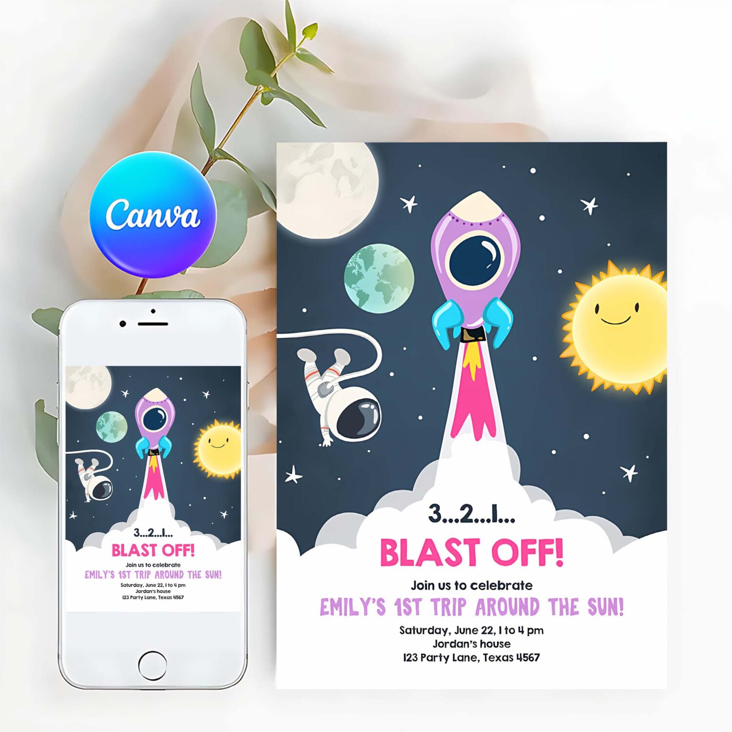 Editable outer space birthday invitation girl rocket astronaut space ship blast off download printable template digital corjl 0046