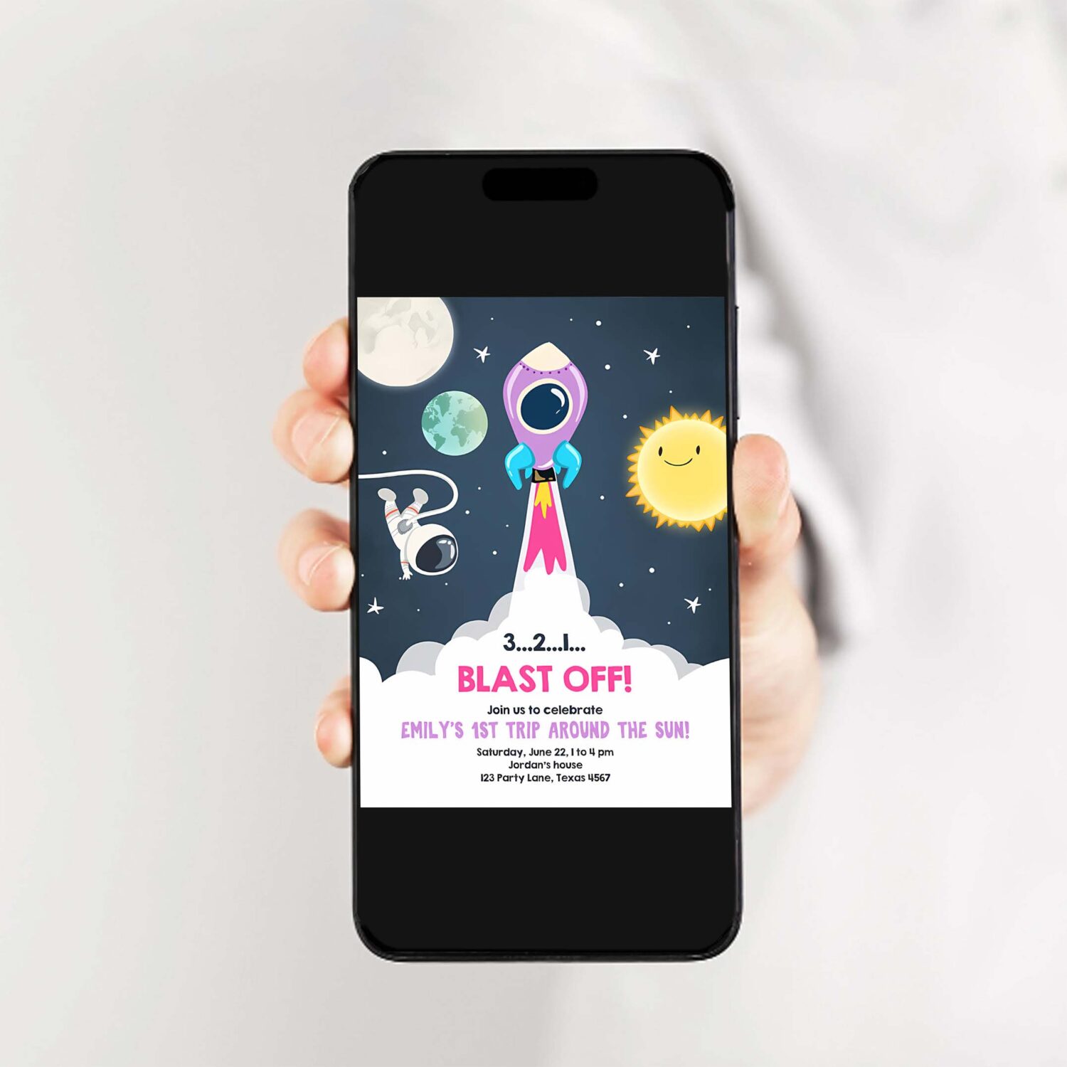 Editable outer space birthday invitation girl rocket astronaut space ship blast off download printable template digital corjl 0046 2