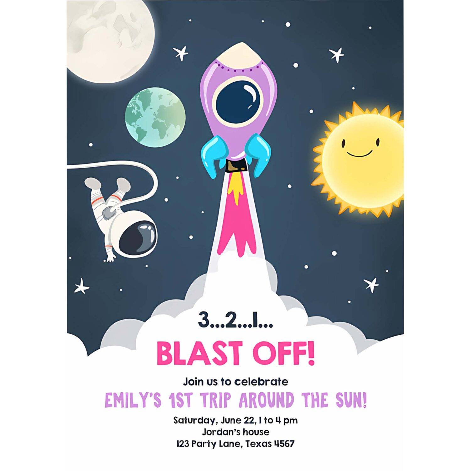 Editable outer space birthday invitation girl rocket astronaut space ship blast off download printable template digital corjl 0046 4